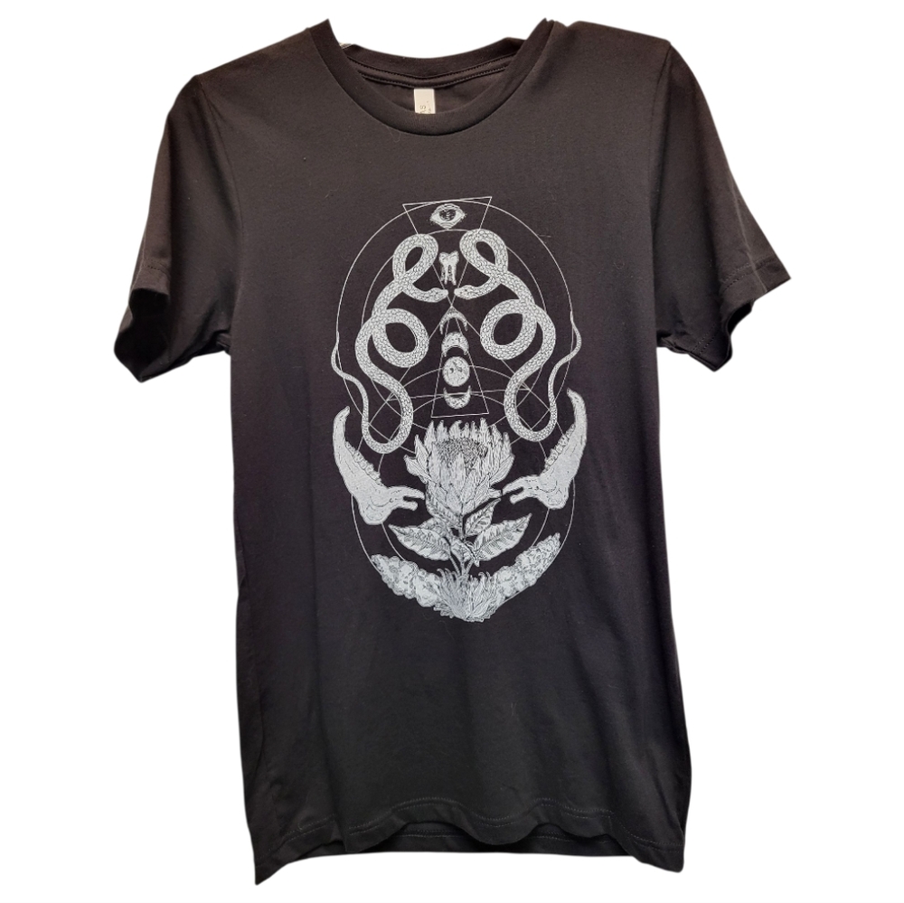 NWT Fennec Design Black Geometric Snake / Bone / Moon Phases Floral Unisex Tee-S - Picture 3 of 8